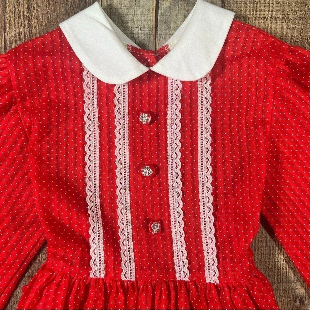 Vintage 70s Mini World Girls Prairie Dress 5 Red Polka Dot Lace Peter Pan Collar
